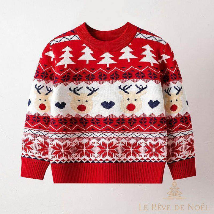 Pull de Noël enfant rouge à motifs sapins blancs, rennes au nez rouge et flocons tricotés