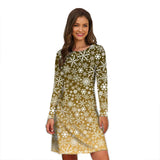 Robe de Noël dorée à motif de flocons blancs dégradés, manches longues, portée en studio