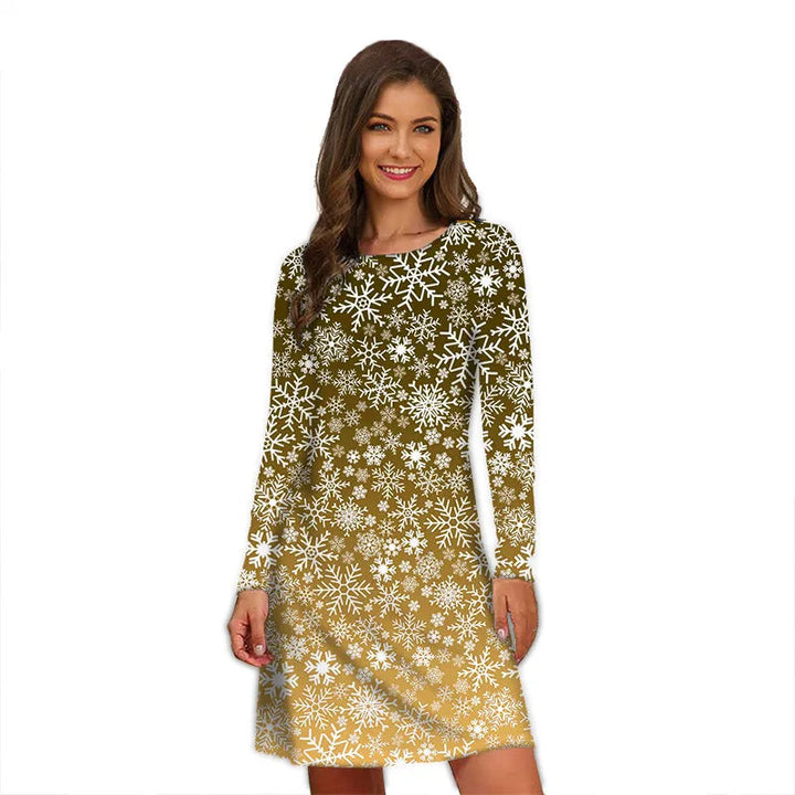 Robe de Noël dorée à motif de flocons blancs dégradés, manches longues, portée en studio