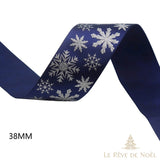Ruban satin bleu marine à gros flocons de neige argentés pailletés, largeur 38 mm