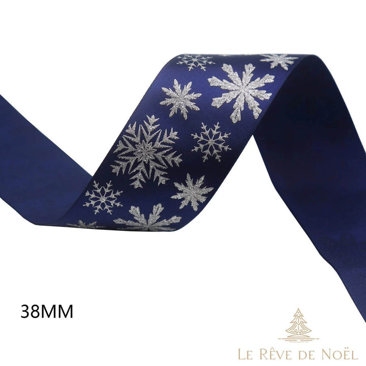 Ruban satin bleu marine à gros flocons de neige argentés pailletés, largeur 38 mm