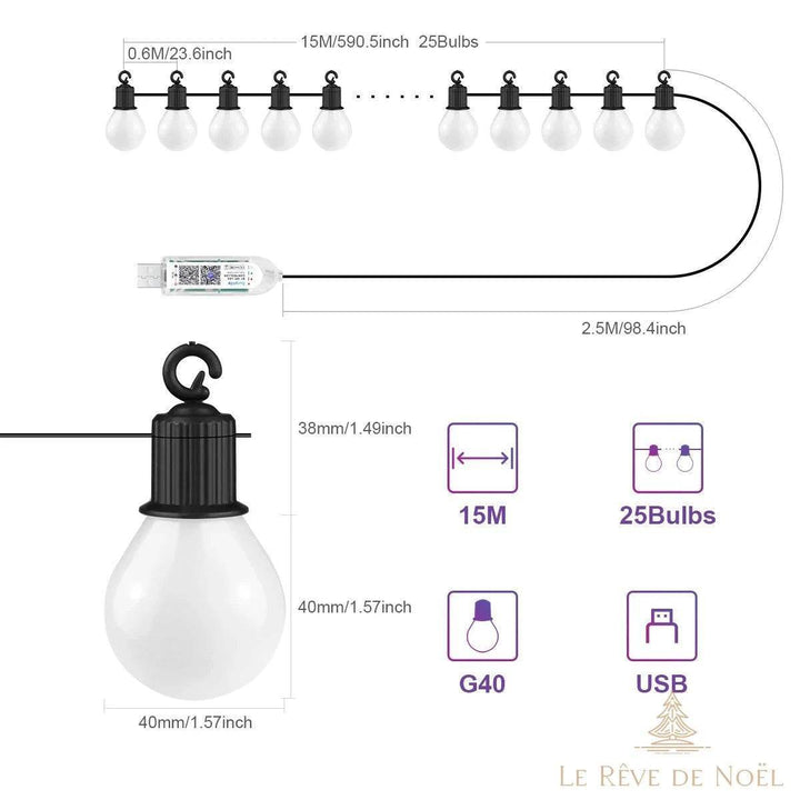 Schéma technique de la guirlande : 15 m, 25 ampoules G40 espacées de 0,6 m, câble USB de 2,5 m