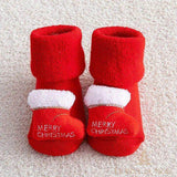 Paire de chaussettes de Noël bébé rouges, mini bottes brodées « Merry Christmas » sur le talon