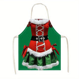 Tablier de Mère Noël à plat sur fond blanc, robe rouge et jupe verte, lanières nouées