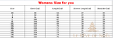 Tableau des tailles femme du XS au 8XL : tour de poitrine, longueur, manches et épaules en cm