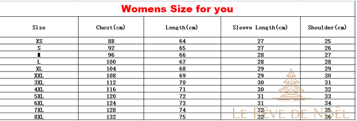 Tableau des tailles femme du XS au 8XL : tour de poitrine, longueur, manches et épaules en cm