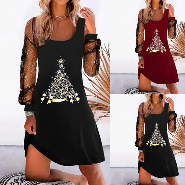 Montage de la robe à sapin doré et manches en tulle pailleté, en coloris noir et bordeaux