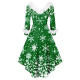 Robe de soirée de Noël vert foncé, col et manchettes en fausse fourrure blanche, flocons imprimés