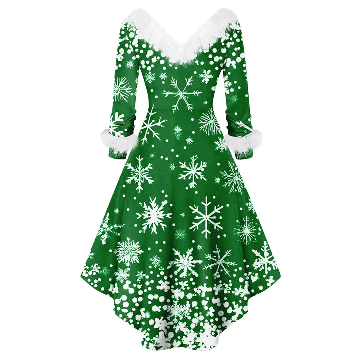 Robe de soirée de Noël vert foncé, col et manchettes en fausse fourrure blanche, flocons imprimés
