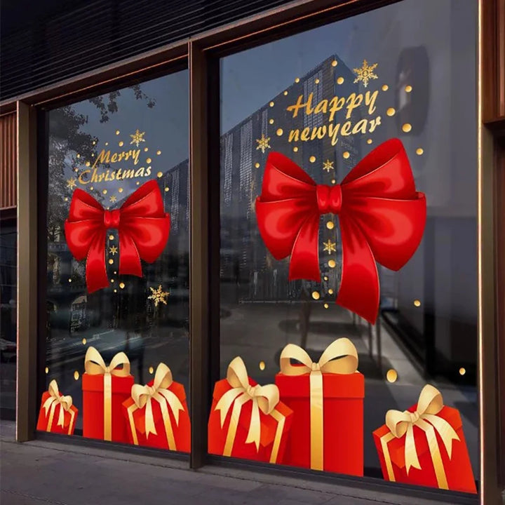 Sticker vitrine de nuit : gros nœuds rouges et cadeaux dorés, sans personnage, texte doré