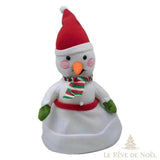 Bonnet de Noël animé à tête de bonhomme de neige, nez orange et écharpe rayée, bourrelet blanc