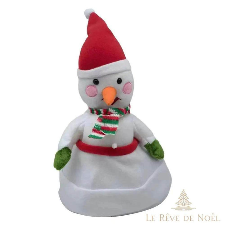 Bonnet de Noël animé à tête de bonhomme de neige, nez orange et écharpe rayée, bourrelet blanc