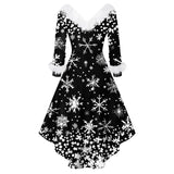 Robe de soirée de Noël noire, col et manchettes en fausse fourrure blanche, flocons imprimés