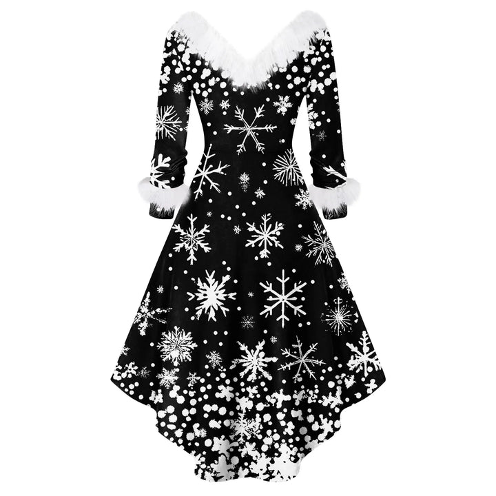 Robe de soirée de Noël noire, col et manchettes en fausse fourrure blanche, flocons imprimés