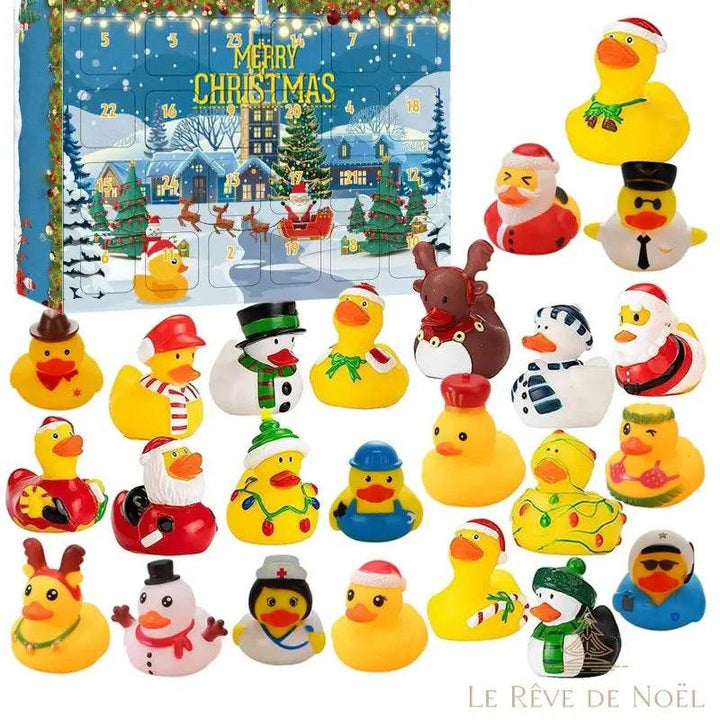 Calendrier de l'avent, boîte bleue village enneigé, canards jaunes en tenue de Père Noël