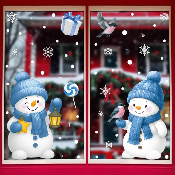 Stickers bonhomme de neige avec oiseau posé sur la main, fenêtre devant façade rouge