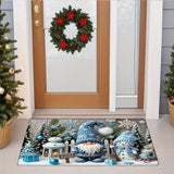 Vue large de l'entrée : tapis bleu au sol, couronne de Noël sur la porte, sapins de chaque côté
