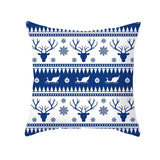 Housse de coussin à bandes de têtes de rennes, flocons et traîneaux bleus sur fond blanc