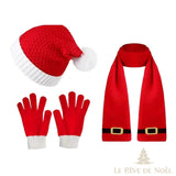 Bonnet, gants et écharpe unis rouges avec bordures blanches et motif de ceinture dorée