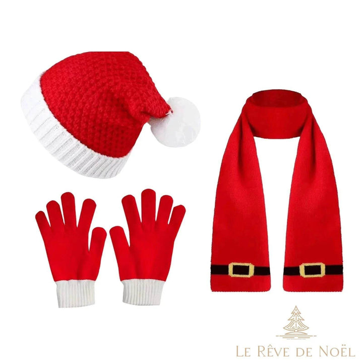 Bonnet, gants et écharpe unis rouges avec bordures blanches et motif de ceinture dorée
