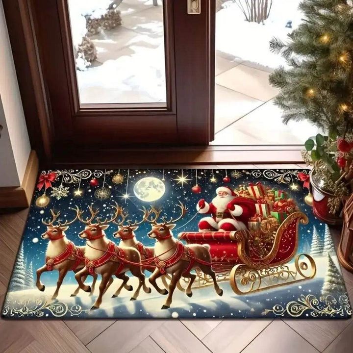 Tapis nocturne bleu nuit : Père Noël en traîneau doré tiré par quatre rennes sous la pleine lune