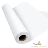 Rouleau de papier cadeau blanc déroulé en biais, format 38 cm x 3 m indiqué en encart
