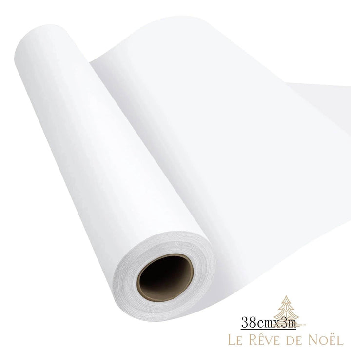 Rouleau de papier cadeau blanc déroulé en biais, format 38 cm x 3 m indiqué en encart