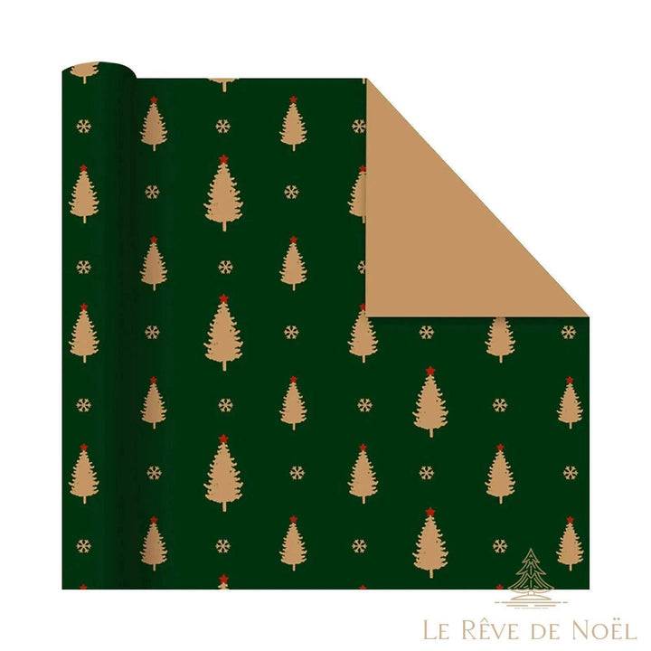 Rouleau de papier cadeau vert à sapins dorés surmontés d'une étoile rouge, envers kraft
