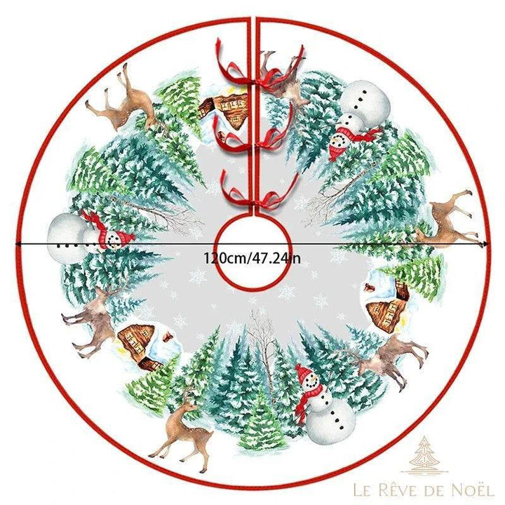 Couvre-pied de sapin rond, même décor de forêt enneigée et rennes, grand format 120 cm