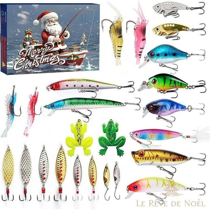 Coffret pêche Père Noël et leurres assortis : poissons nageurs, grenouilles et cuillères dorées