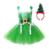 Robe tutu de Noël verte à ceinture dorée façon lutin, nœuds blancs et serre-tête sapin