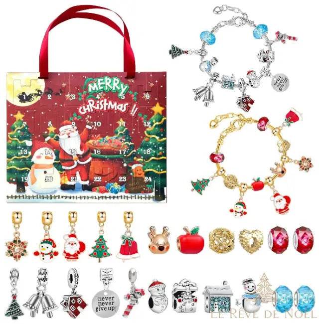 Calendrier de l'Avent en sac cabas rouge Merry Christmas, bracelets à breloques rouges et dorées