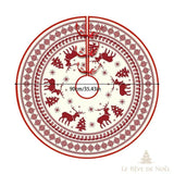 Couvre-pied de sapin rond, motif scandinave tricoté rouge et écru à rennes, diamètre 90 cm