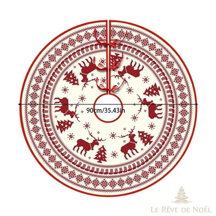 Couvre-pied de sapin rond, motif scandinave tricoté rouge et écru à rennes, diamètre 90 cm