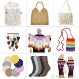 Neuf réalisations en laine possibles : sacs macramé, châle porté, mitaines et chaussettes