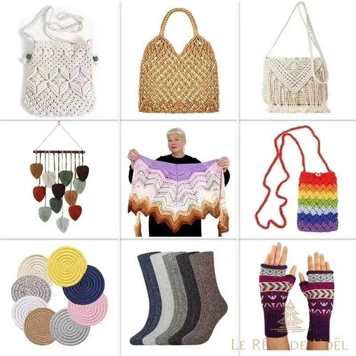 Neuf réalisations en laine possibles : sacs macramé, châle porté, mitaines et chaussettes