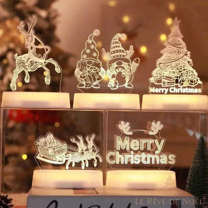 Cinq veilleuses LED acryliques allumées : renne, lutins, sapin, traîneau et texte Merry Christmas