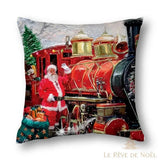 Housse de coussin avec le Père Noël saluant près d'une locomotive à vapeur rouge et noire