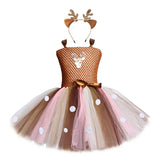 Robe tutu marron façon faon avec tête de renne brodée et serre-tête à bois dorés
