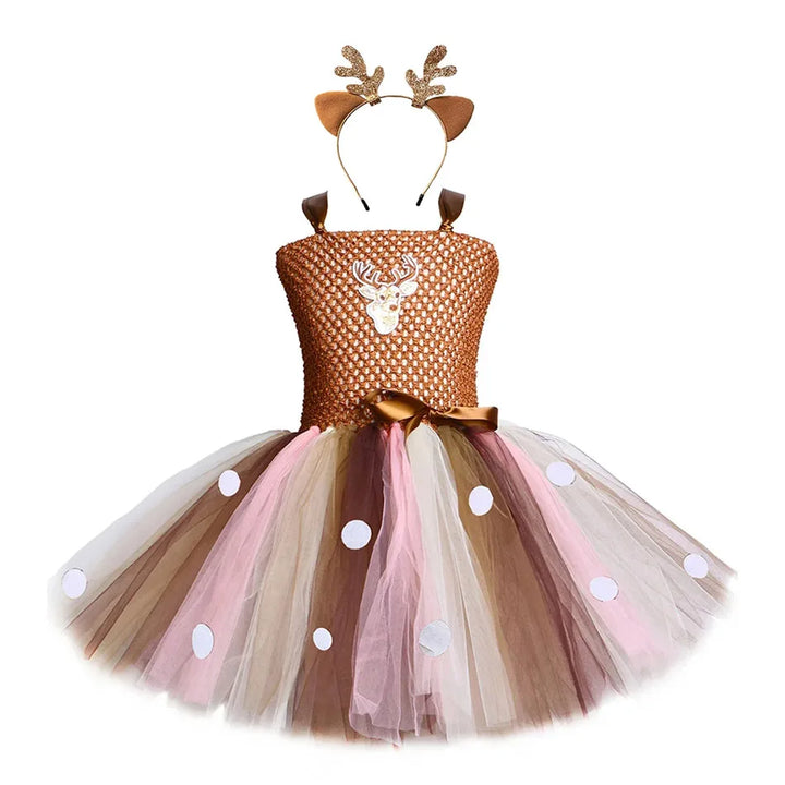 Robe tutu marron façon faon avec tête de renne brodée et serre-tête à bois dorés
