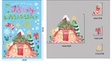 Sticker maison enneigée au toit fleuri et porte rouge, avec un bas de Noël rayé assorti