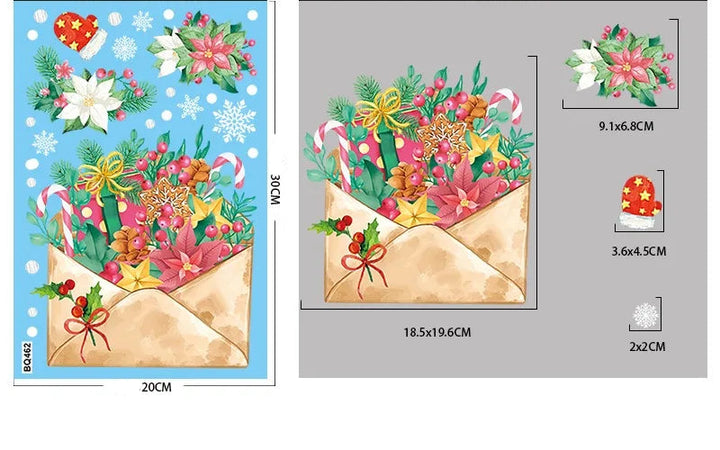 Sticker enveloppe kraft débordant de sucres d'orge, d'un cadeau doré et de fleurs de Noël