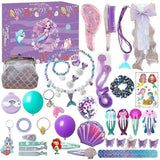 Calendrier de l'avent Sirène, boîte violette avec brosse, collier coquillage et pochette pailletée