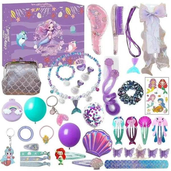 Calendrier de l'avent Sirène, boîte violette avec brosse, collier coquillage et pochette pailletée