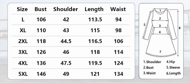 Tableau des tailles de la robe (L à 5XL) et schéma des points de mesure numérotés