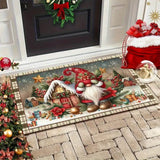 Tapis à bordure écossaise, grand gnome au bonnet rouge devant un chalet enneigé, à l'entrée