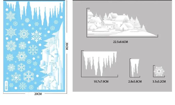 Schéma des dimensions : sticker village enneigé et stalactites de glace, planche 20 x 30 cm
