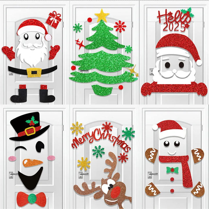Planche de six stickers de porte de Noël : Père Noël, sapin, bonhomme de neige, renne