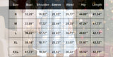 Tableau des tailles en pouces S à XXL : poitrine, épaules, manches, taille, hanches et longueur