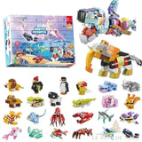 Calendrier de l'avent en briques, figurines d'animaux variés : pingouin, éléphant, requin, poulpe
